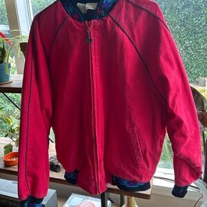 Men’s Red Zip-Up Jacket with Patterned Trim